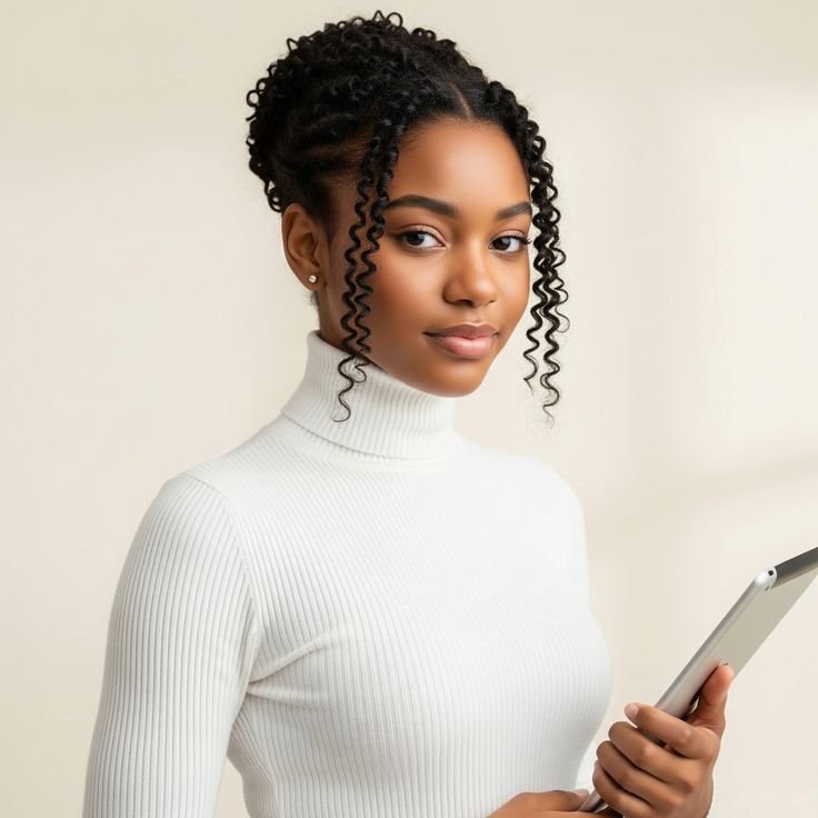 african lady on turtleneck dress holding a tab